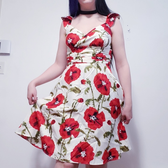 Chadwicks Collection Floral Midi White & Red Ruffle Sleeve Dress - Picture 6 of 8